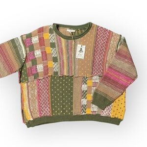 NWT easel Multicolored Thread Patchwork Exposed Seam Cotton Blend Sweater Small